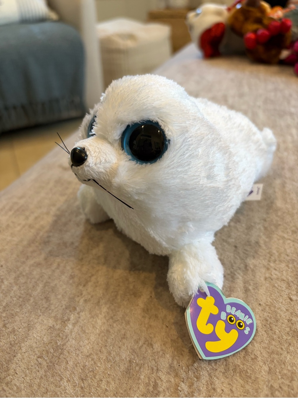 Ty White Seal Plush with Blue-Rimmed Eyes